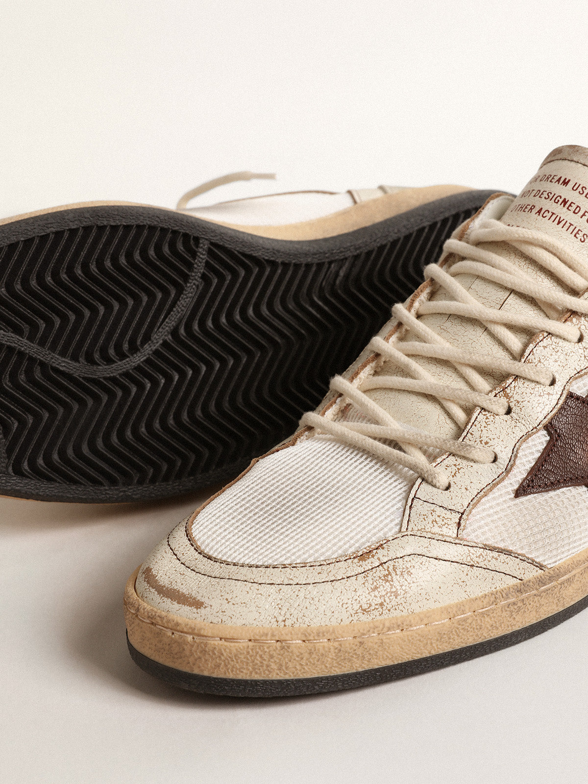 Ball Star LTD in ecru leather and white mesh with brown star| Golden Goose