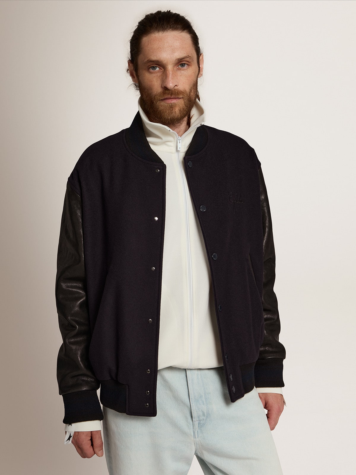 Men's bomber jacker in blue wool and black leather| Golden Goose