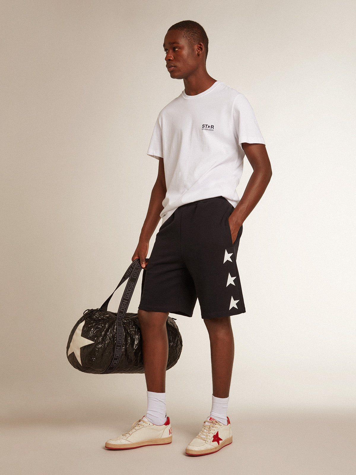 Men's black bermuda shorts with white stars| Golden Goose