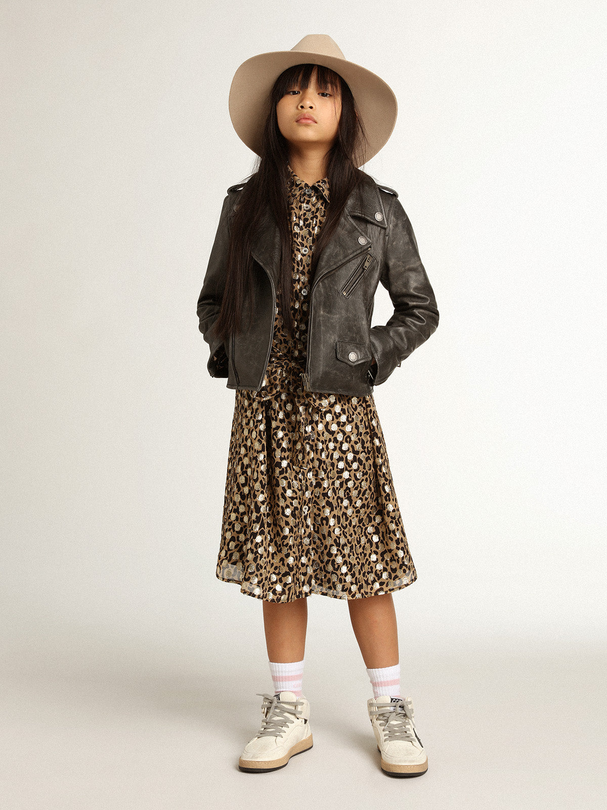 Girls' shirt dress with animal print and gold plumetis| Golden Goose