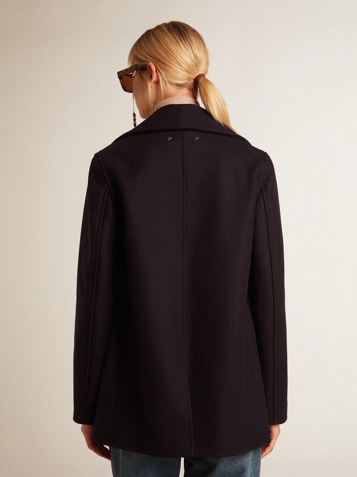 Women's dark blue peacoat with gold-colored heraldic buttons| Golden Goose