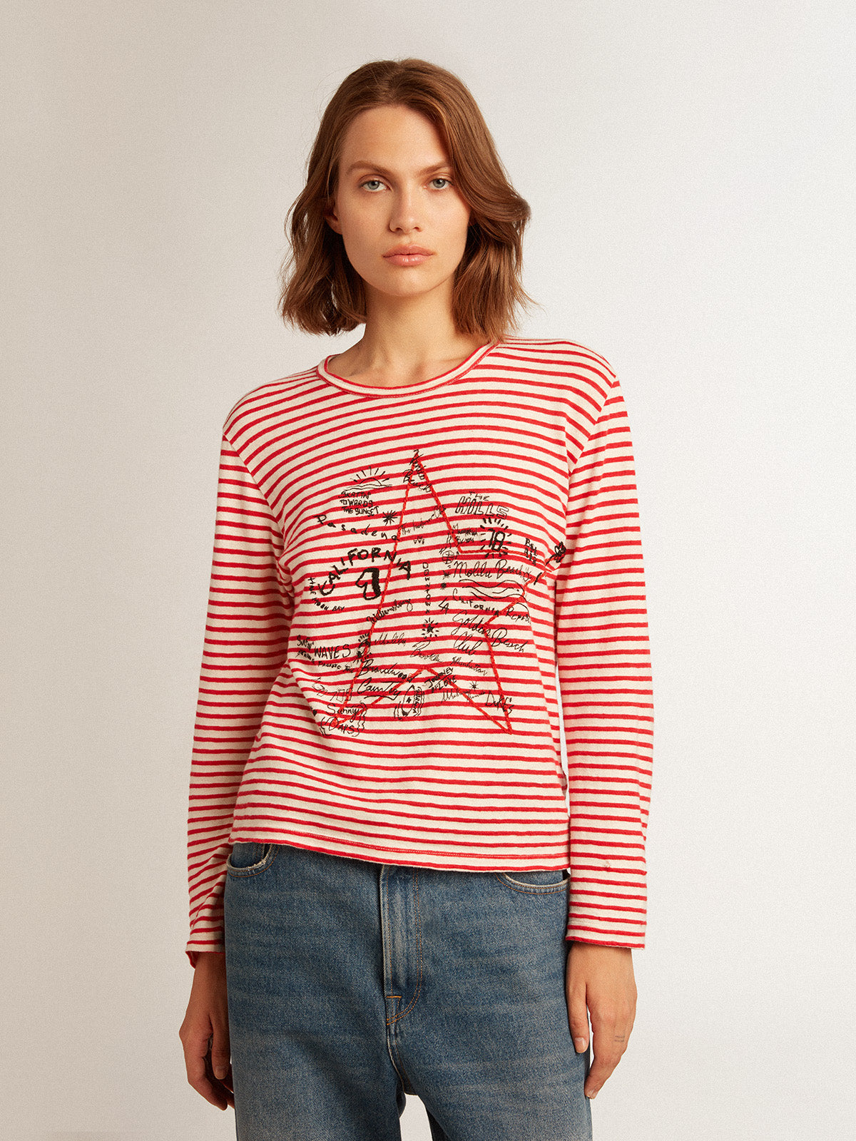 Women's T-shirt with white and red stripes and embroidery on the front| Golden Goose