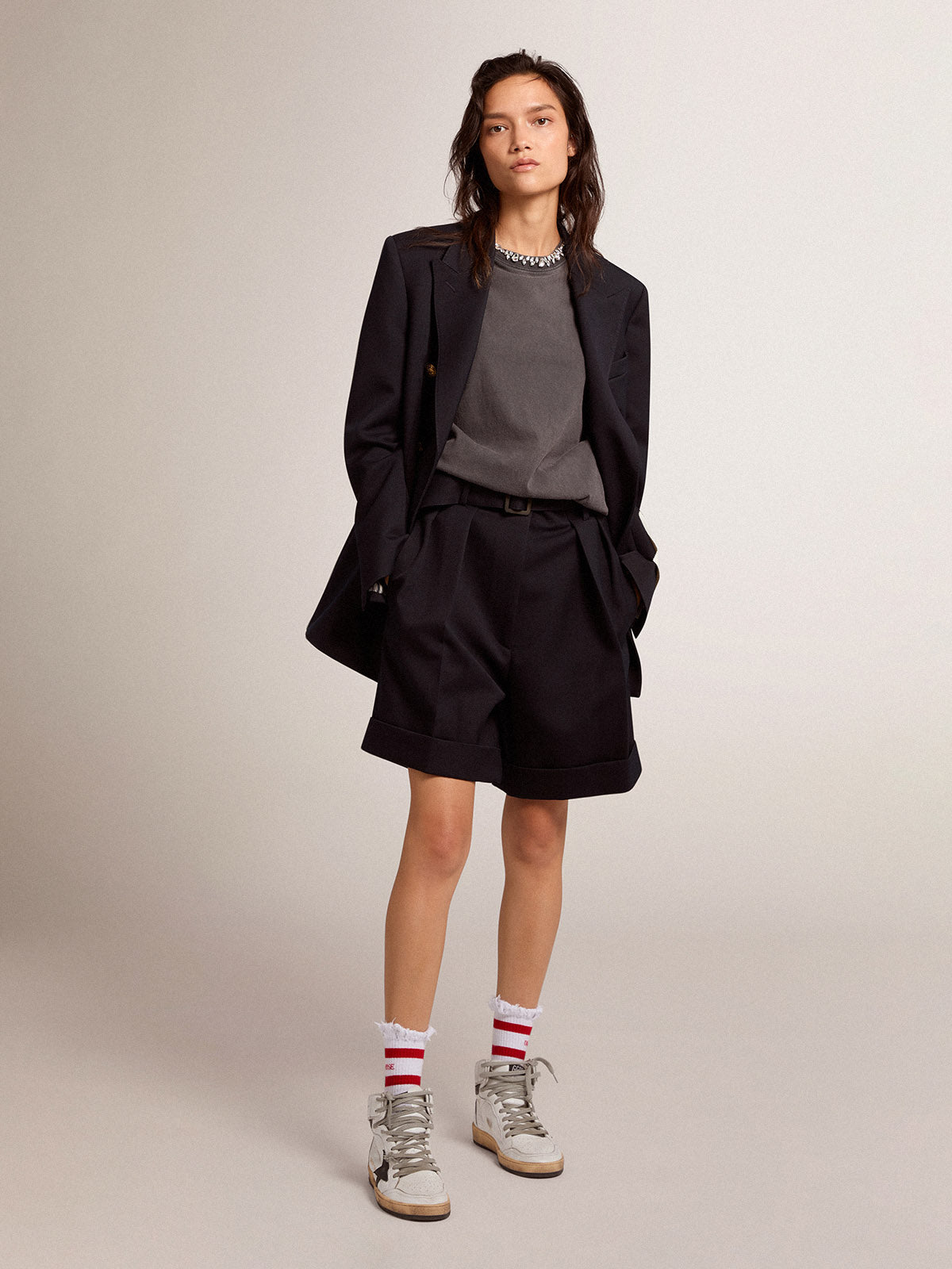 Women's shorts in black wool gabardine with waist belt| Golden Goose