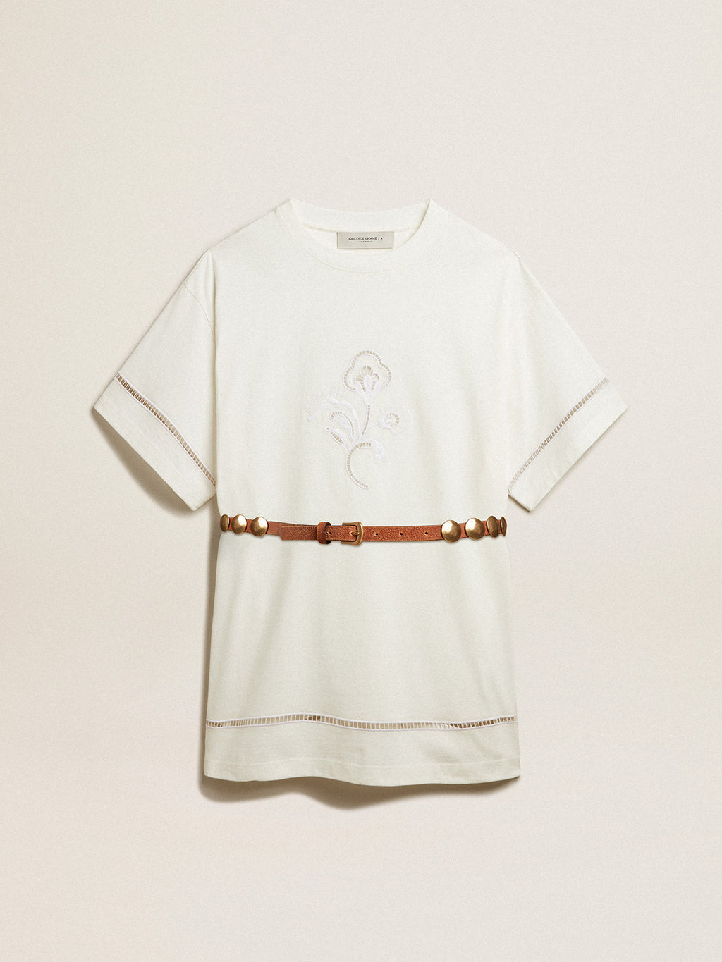 White cotton T-shirt dress with belt| Golden Goose