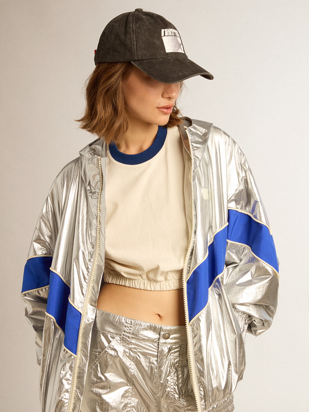 Women's windcheater in silver technical fabric| Golden Goose