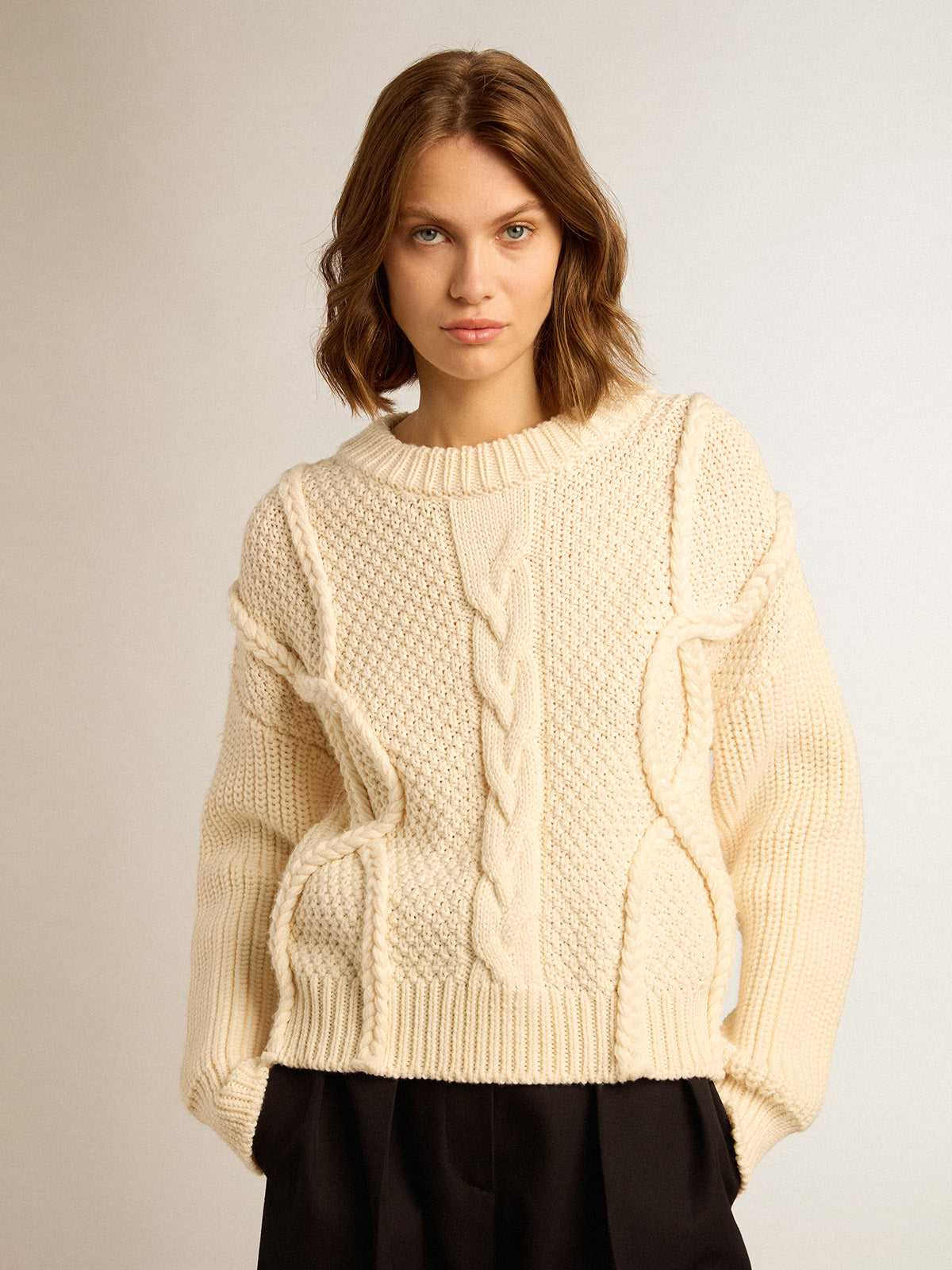 Women's crew-neck sweater in white wool| Golden Goose