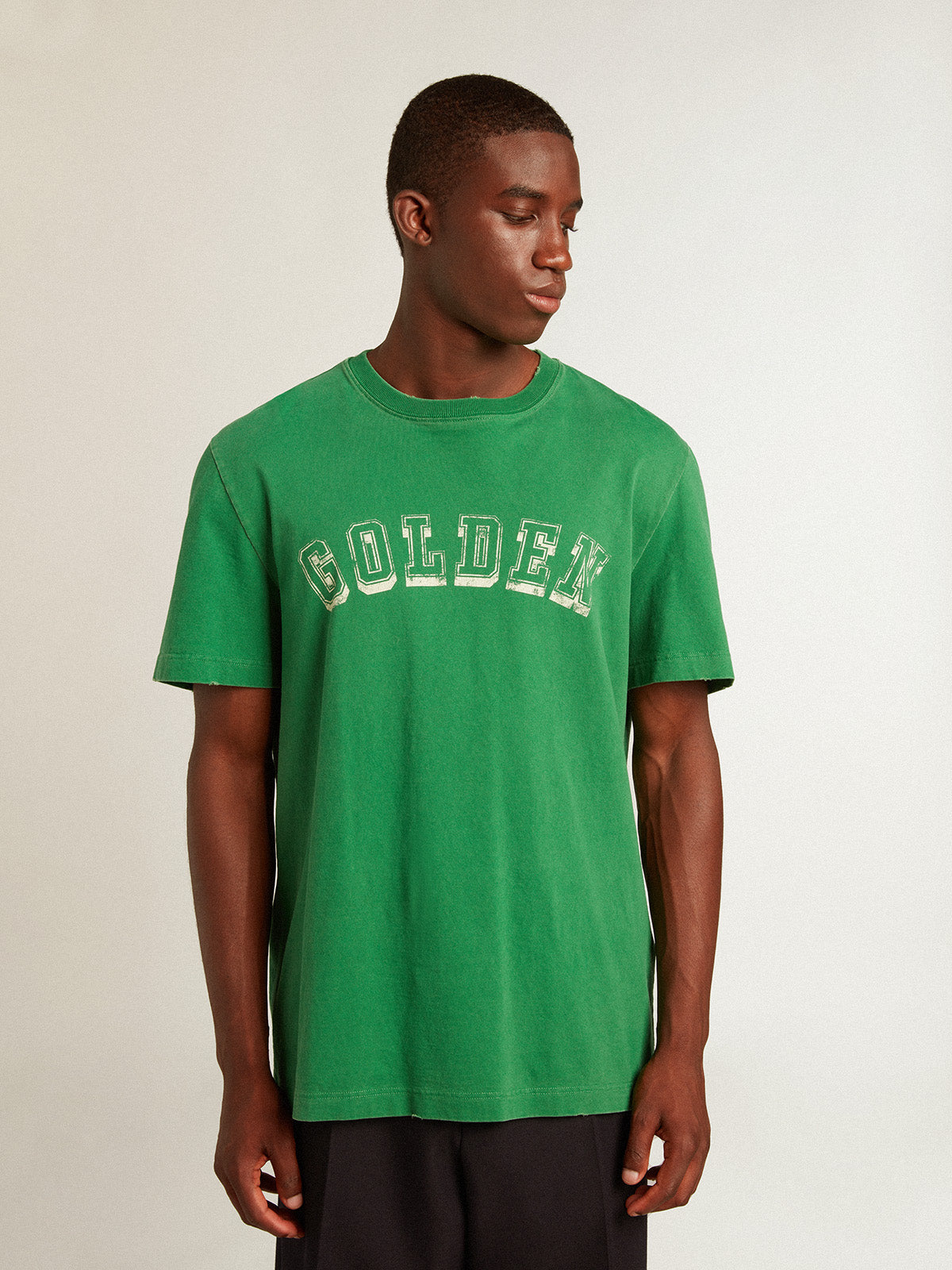 Men's green cotton T-shirt with lettering at the center| Golden Goose