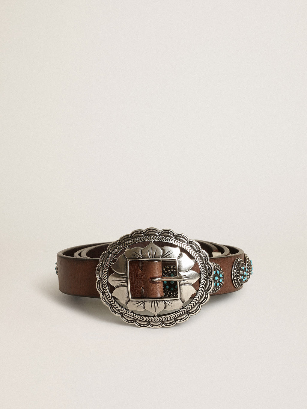 Women's belt in dark brown leather with silver studs| Golden Goose