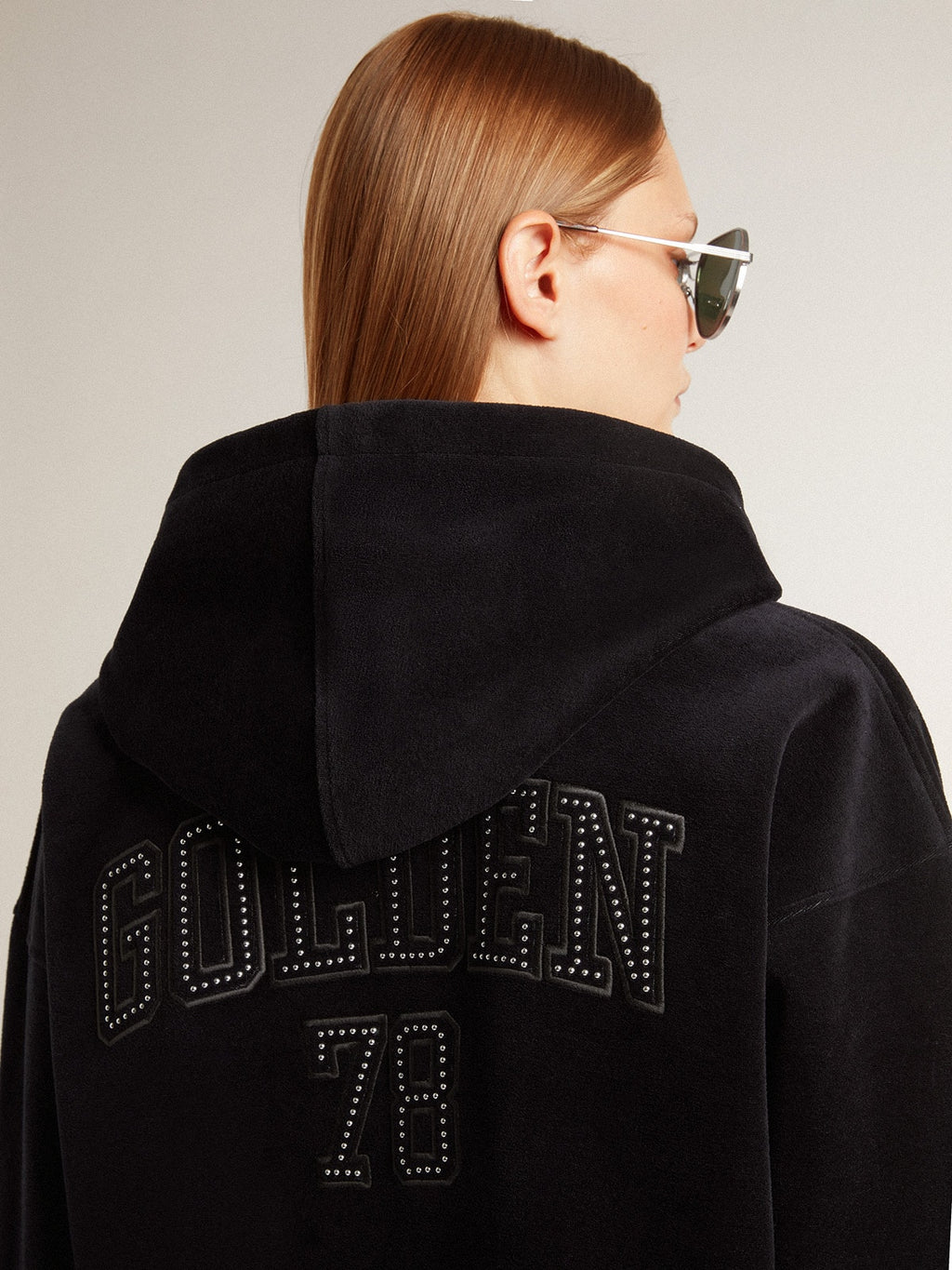 Women's black chenille sweatshirt with embroidery on the back| Golden Goose