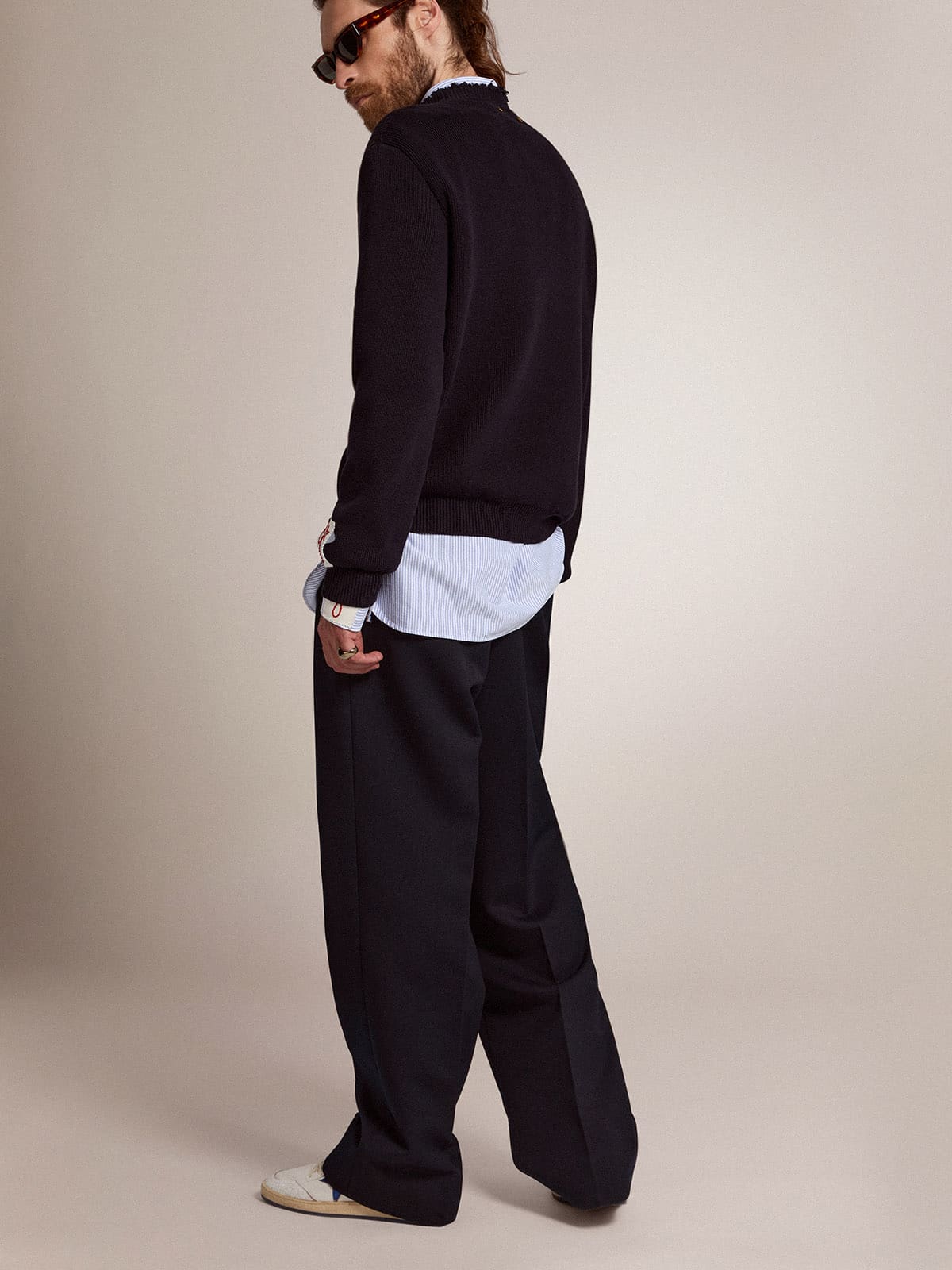Men's wide leg pants in dark blue wool| Golden Goose