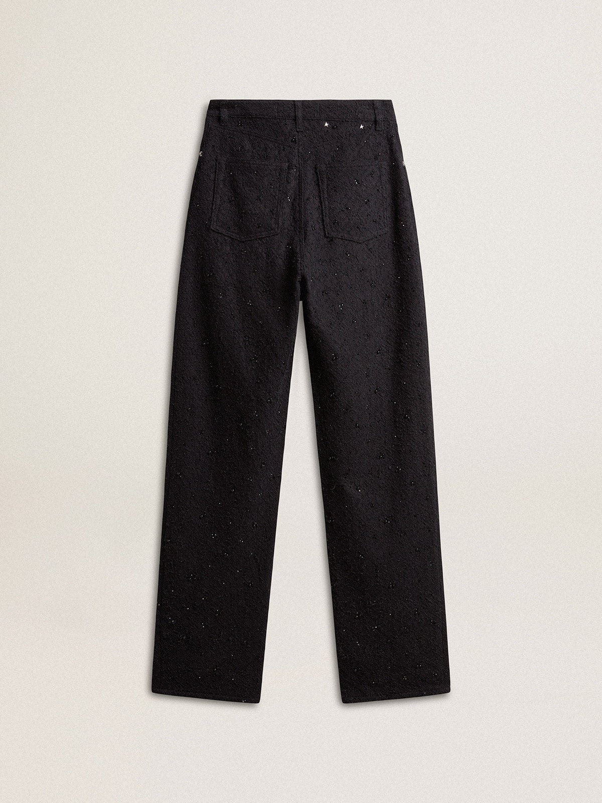 Women's cotton denim pants with crystal and stone decoration