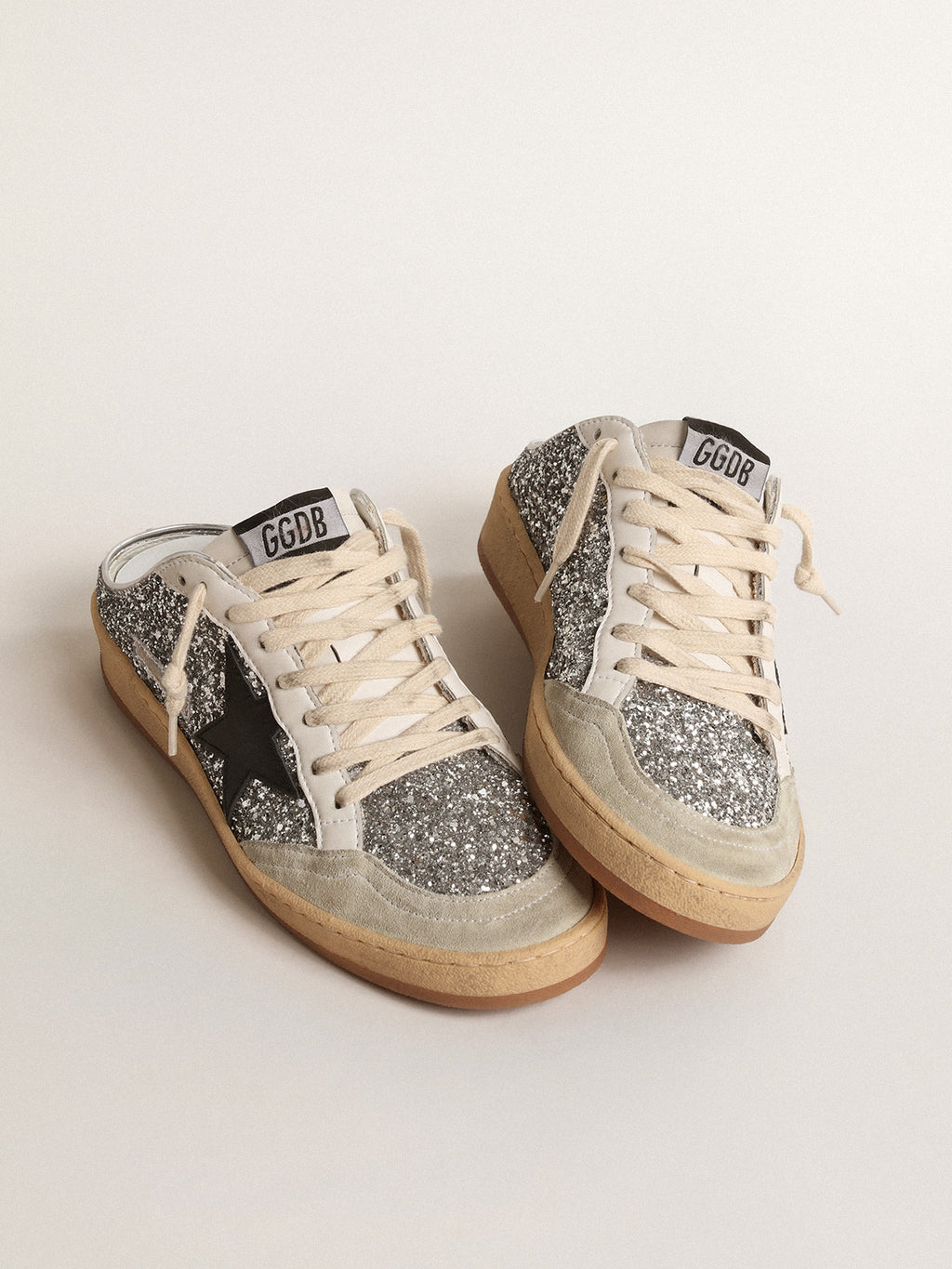 Ball Star Sabots in silver glitter with black leather star| Golden Goose