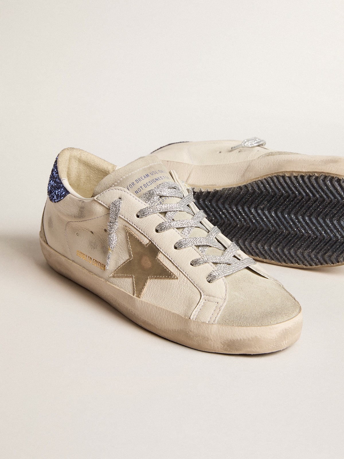 Women's Super-Star LTD in nappa leather with platinum star and blue glitter heel tab| Golden Goose