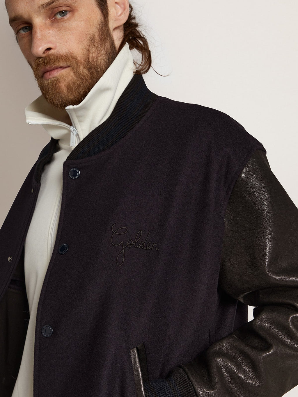 Men's bomber jacker in blue wool and black leather| Golden Goose