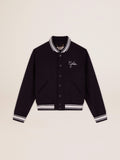 Women's bomber jacket in dark blue wool with white details| Golden Goose