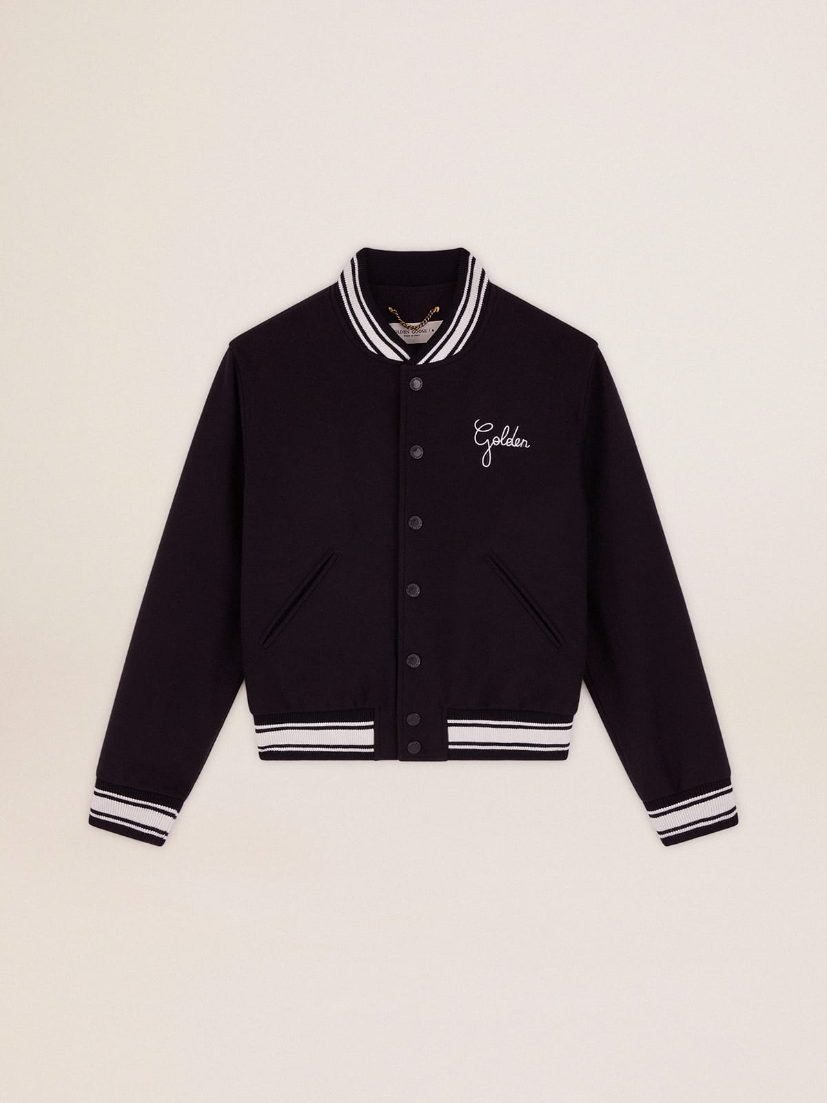 Women's bomber jacket in dark blue wool with white details| Golden Goose
