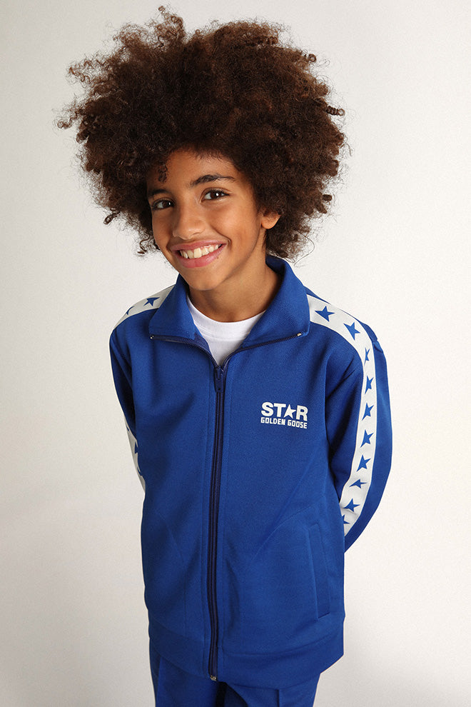 Bright blue zipped sweatshirt with white strip and bright blue stars| Golden Goose