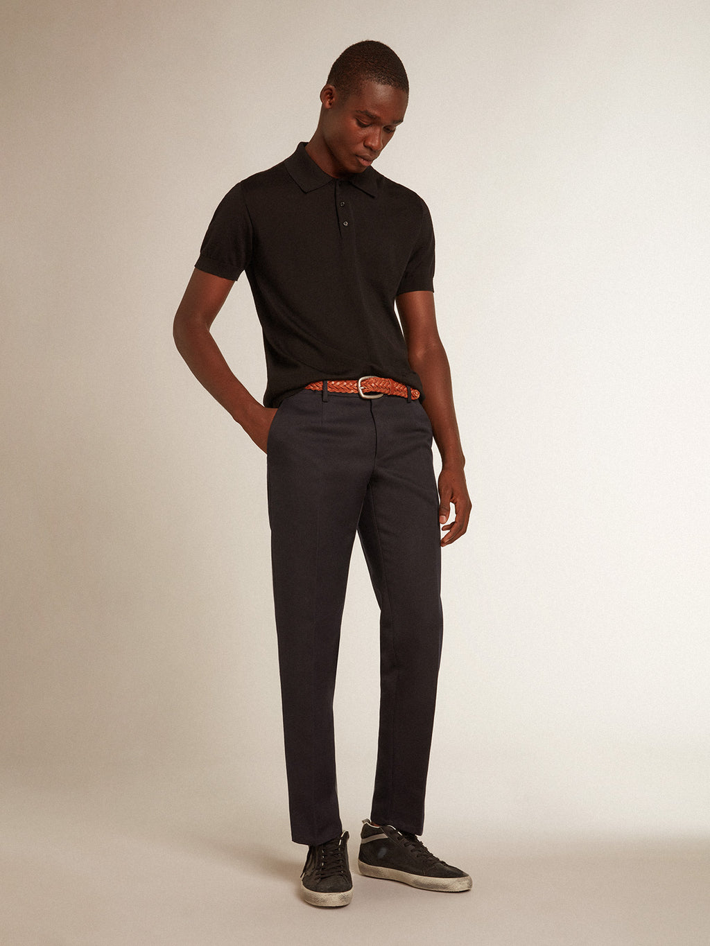 Men's short-sleeved polo shirt in black merino wool| Golden Goose