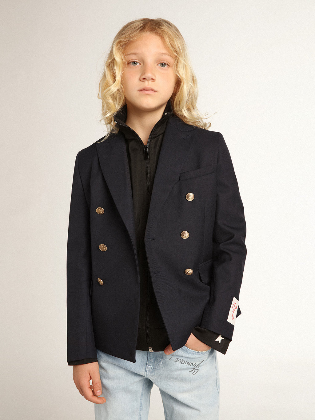 Boys' dark blue double-breasted buttoned blazer| Golden Goose