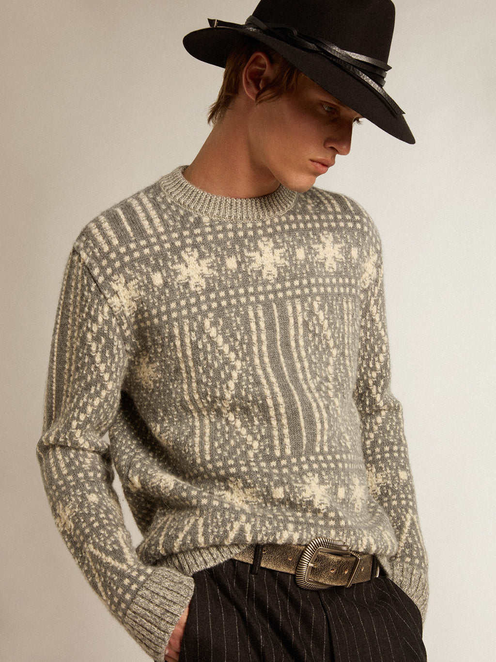 Round-neck sweater with gray Fair Isle motif| Golden Goose