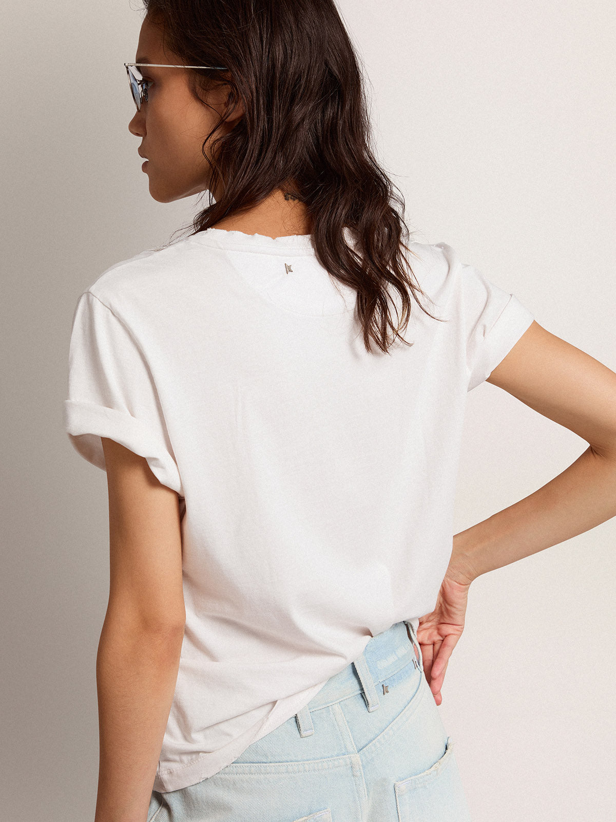 Women's white T-shirt with distressed treatment| Golden Goose
