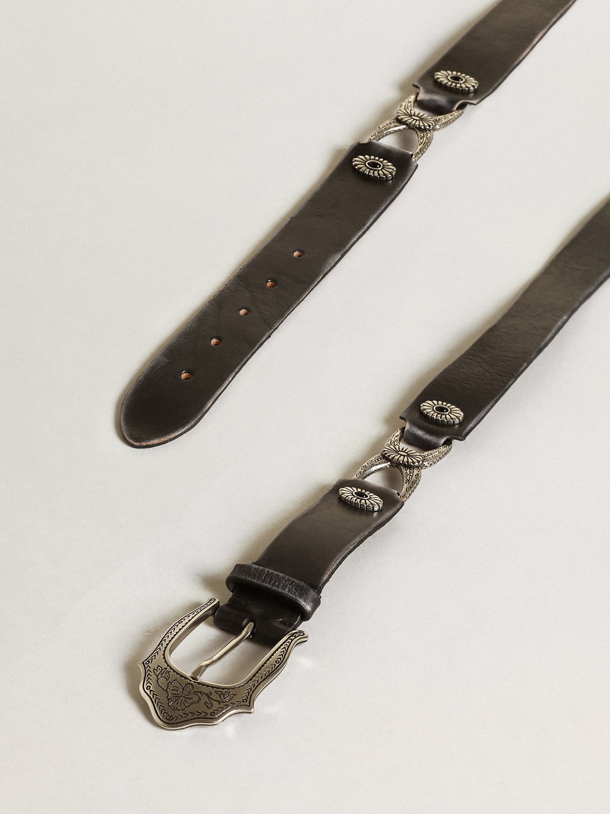 Women's belt in black leather with silver decorations| Golden Goose
