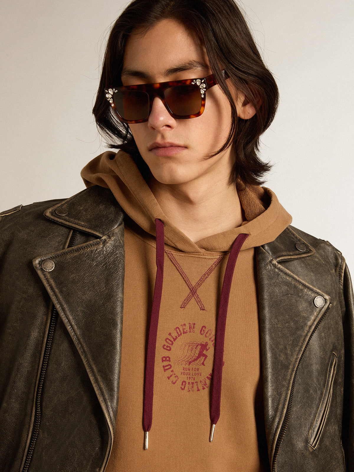 Malt-colored cotton sweatshirt with hood| Golden Goose