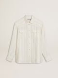 Men's oversized worn-white shirt with vertical stripes| Golden Goose