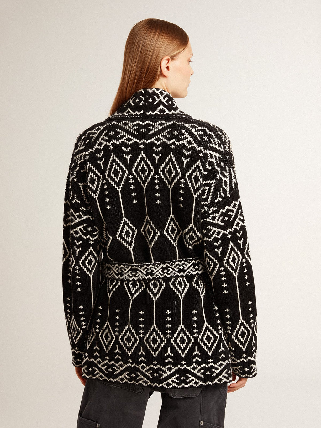 Women's black cardigan with belt and crystals| Golden Goose