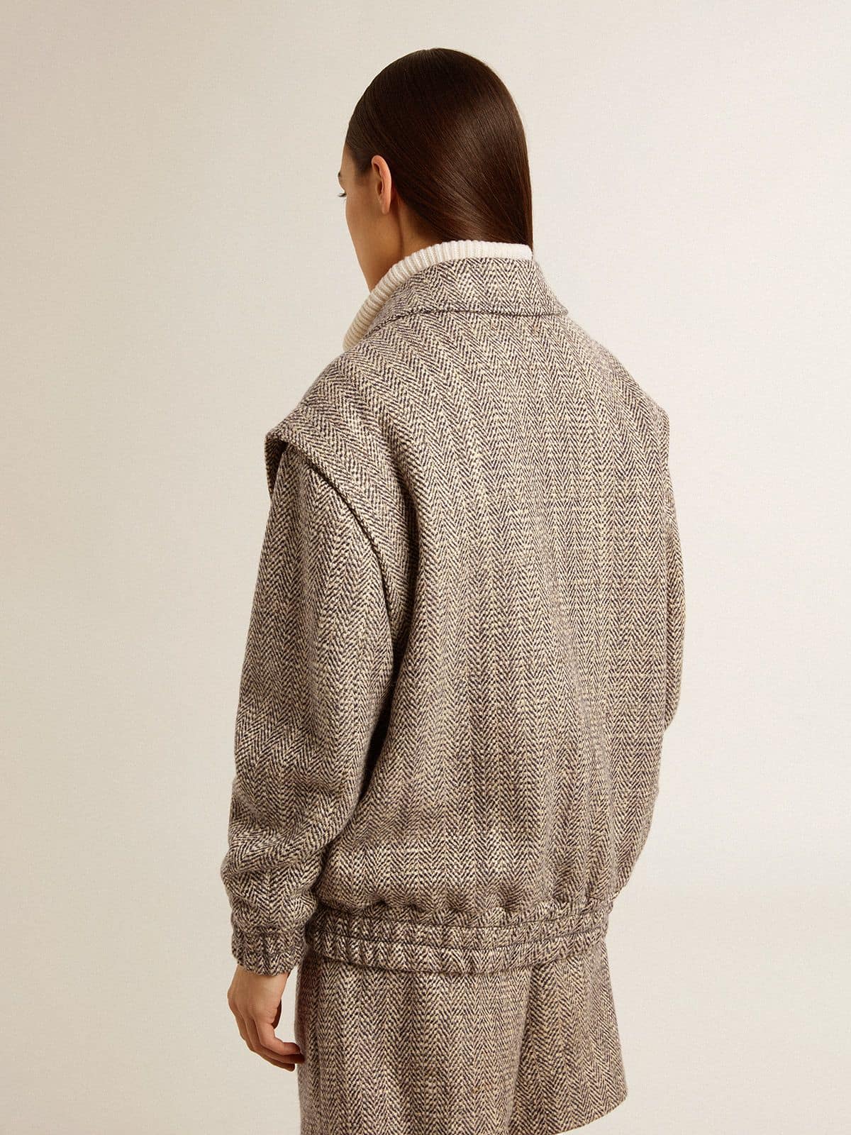 Women's bomber jacket in ecru brown herringbone wool| Golden Goose