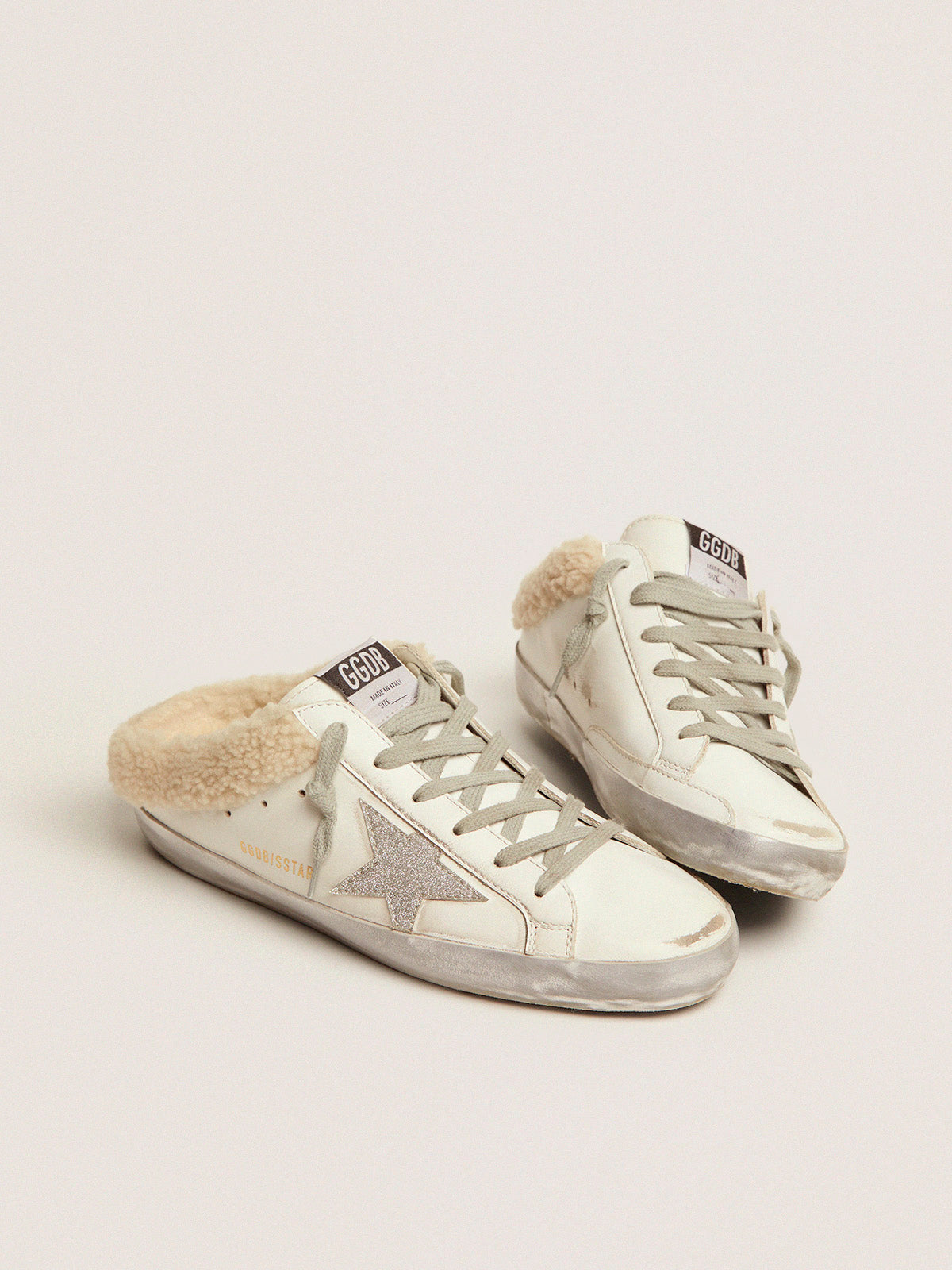 Super-Star Sabots in white leather with shearling lining| Golden Goose