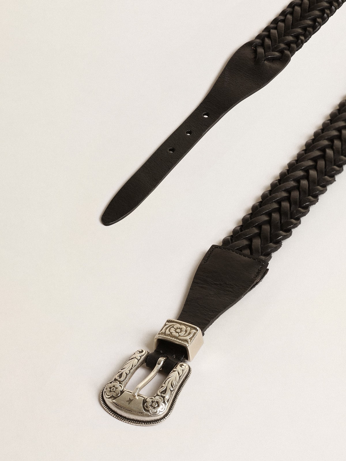 Belt in black braided leather with silver color buckle| Golden Goose