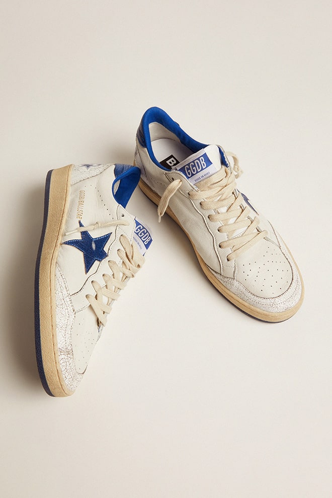 Women's Ball Star in white nappa with bright blue metallic leather star and heel tab| Golden Goose