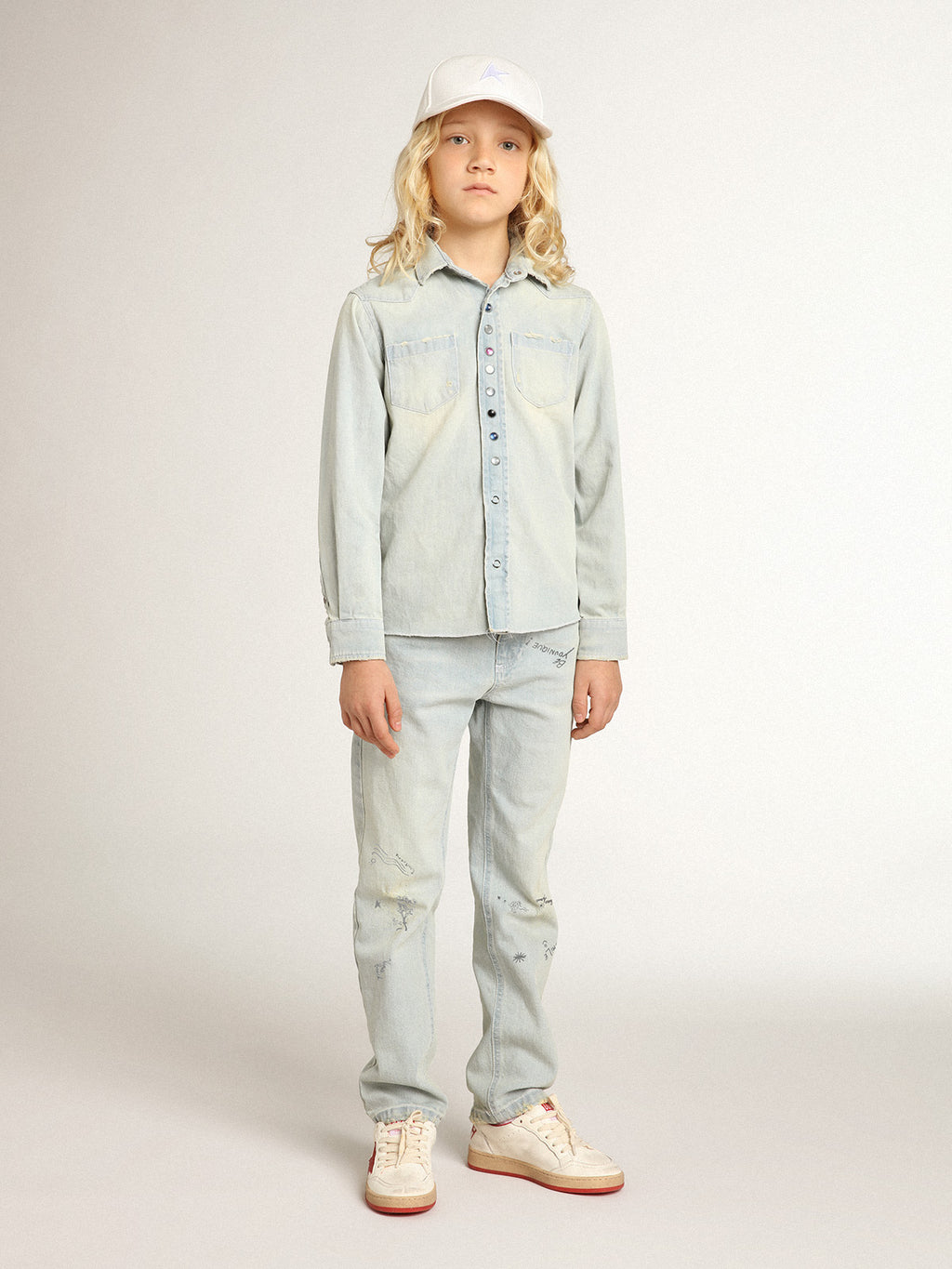Boys' bleached jeans with distressed treatment| Golden Goose