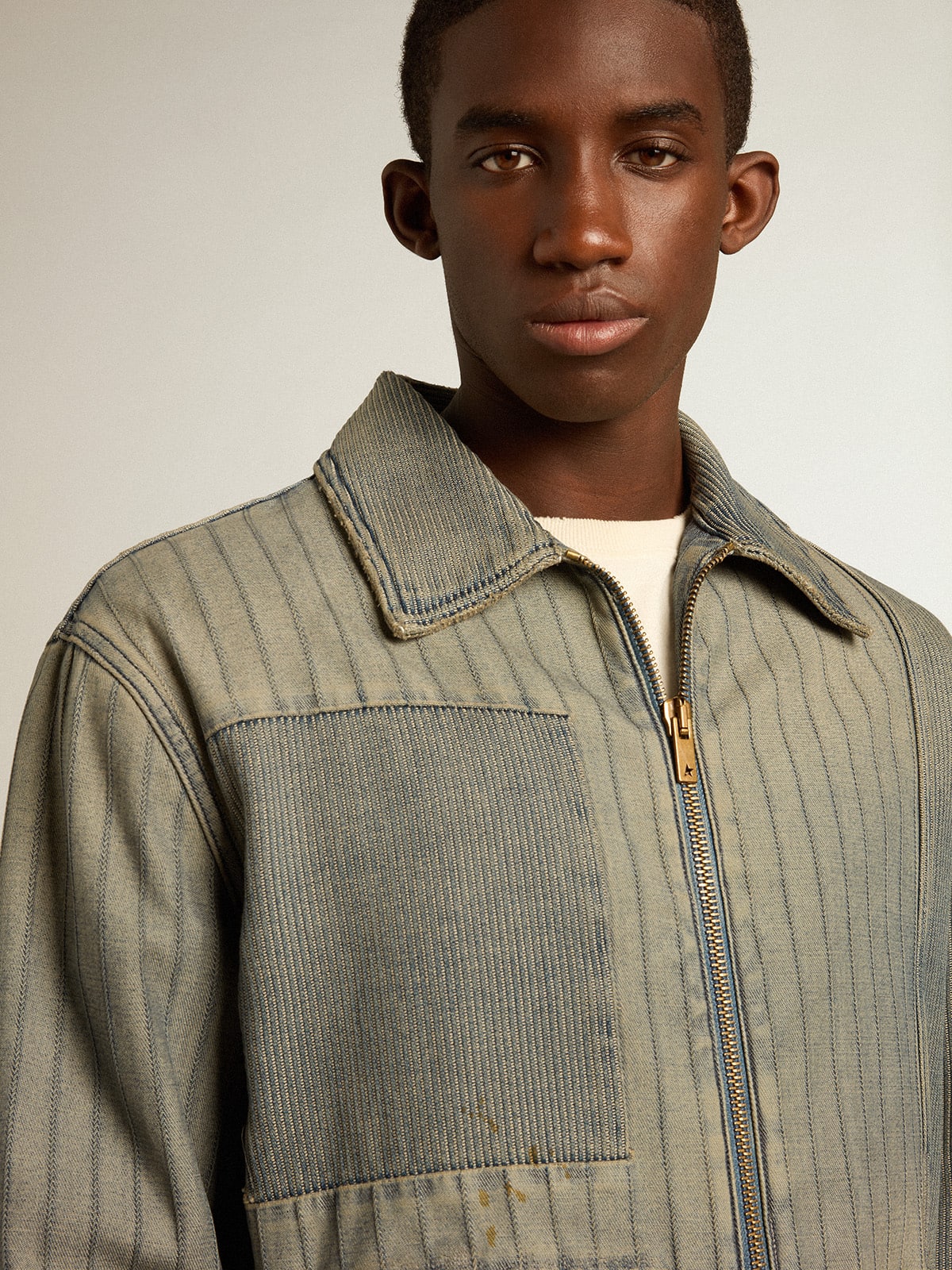 Men's denim jacket with stripes and patches on the front| Golden Goose