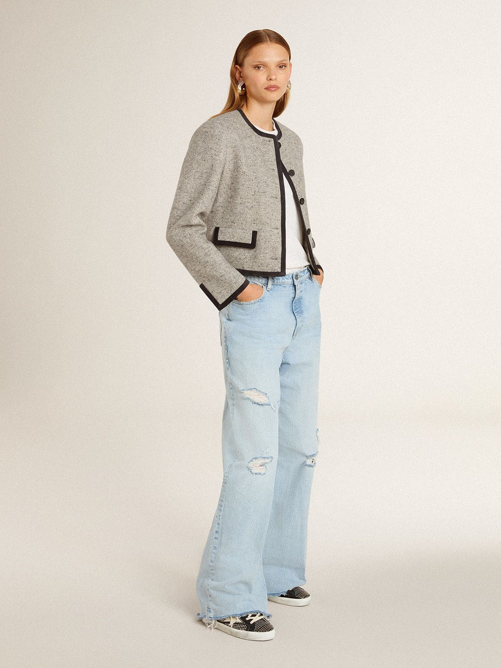 Women's Super-Star in studded black nappa with white leather star| Golden Goose