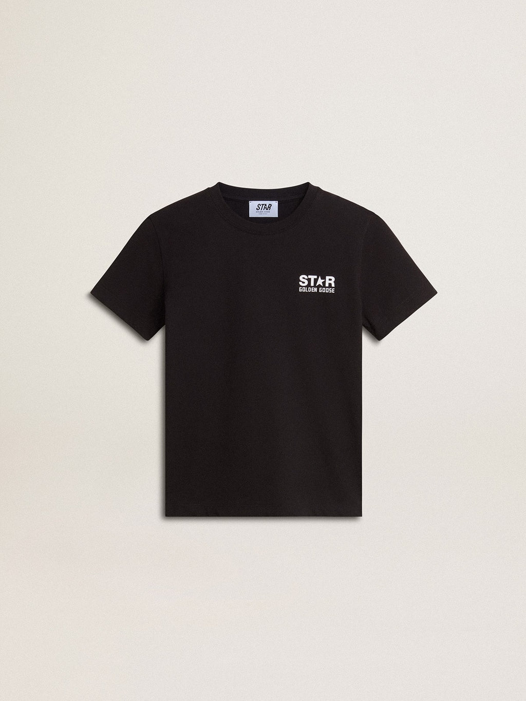 Black T-shirt with contrasting white logo on the front and maxi star on the back| Golden Goose