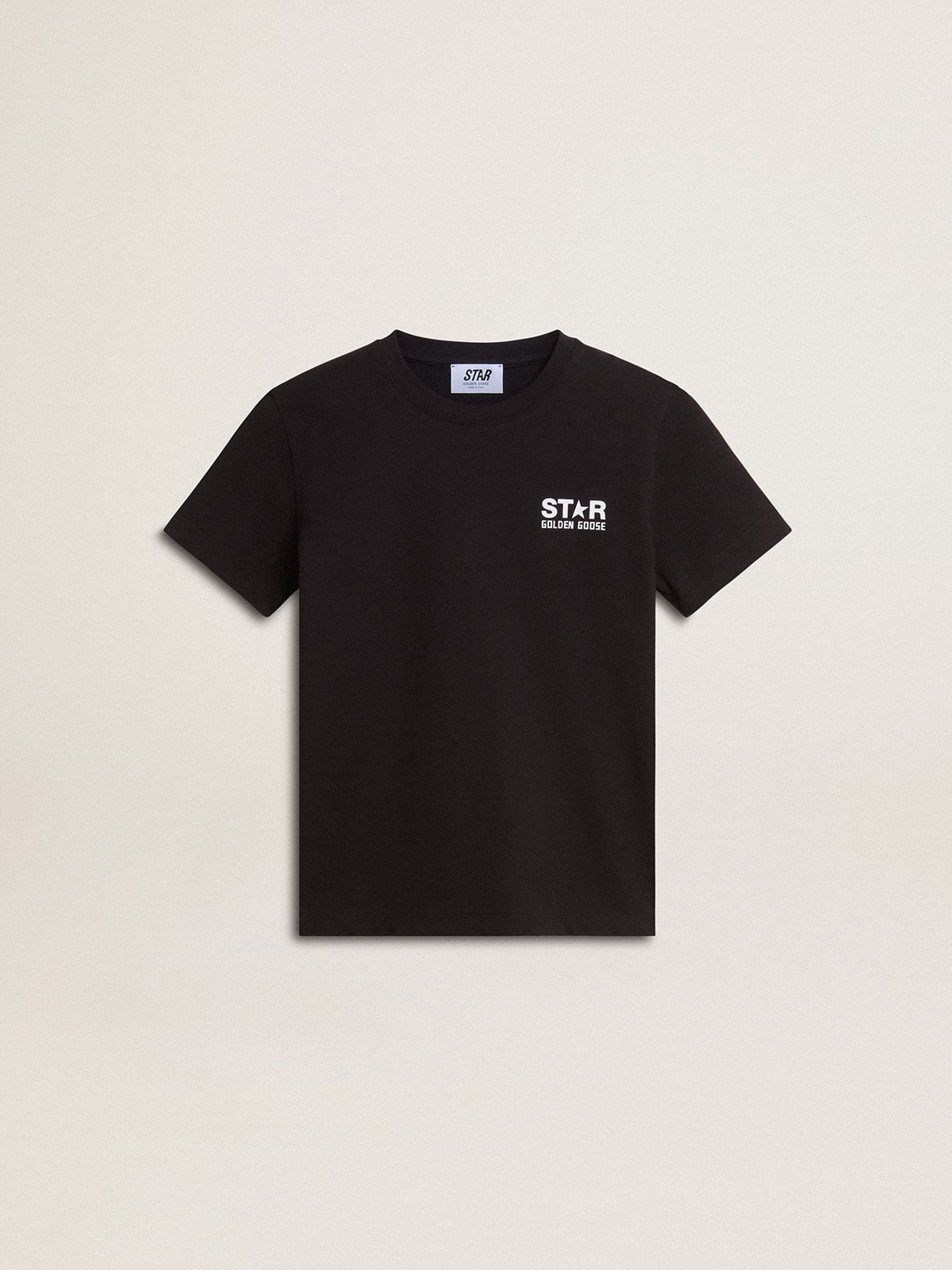 Black T-shirt with contrasting white logo on the front and maxi star on the back| Golden Goose