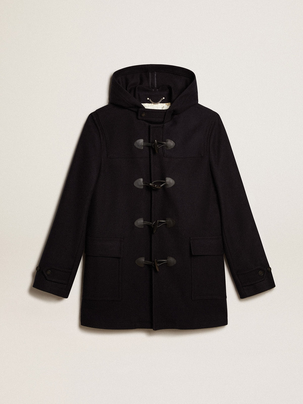 Dark blue wool duffle coat with hood and toggle fastening| Golden Goose