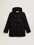 Dark blue wool duffle coat with hood and toggle fastening| Golden Goose