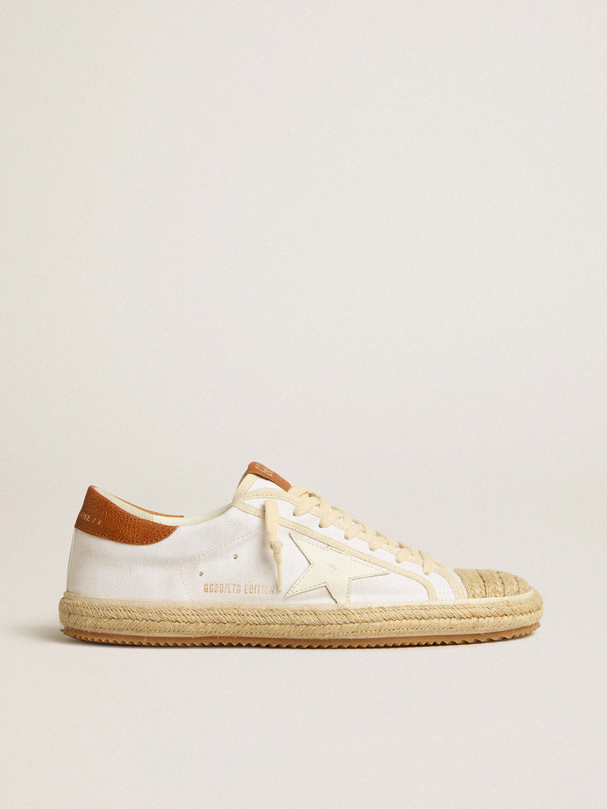 Women's Super-Star LTD in canvas with white leather star and raffia toe| Golden Goose