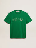 Men's green cotton T-shirt with lettering at the center| Golden Goose
