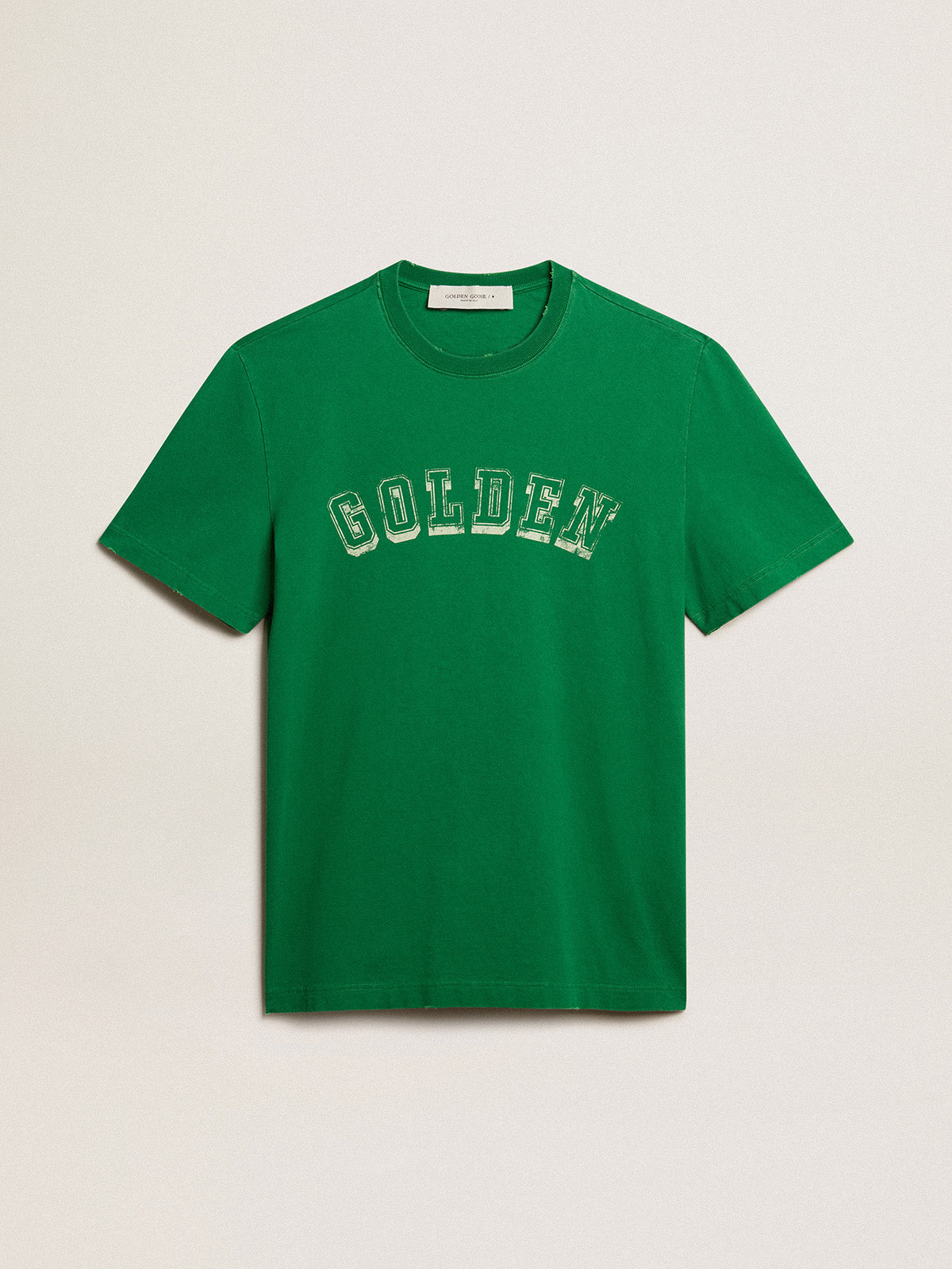 Men's green cotton T-shirt with lettering at the center| Golden Goose