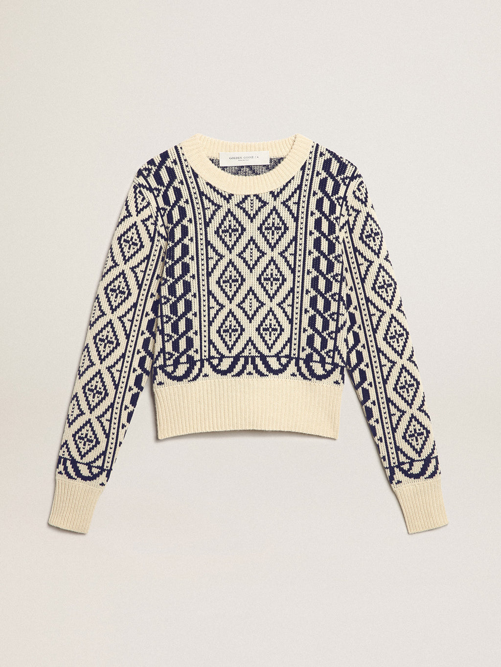 Cropped round-neck sweater with parchment and blue geometric pattern| Golden Goose