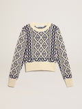 Cropped round-neck sweater with parchment and blue geometric pattern| Golden Goose