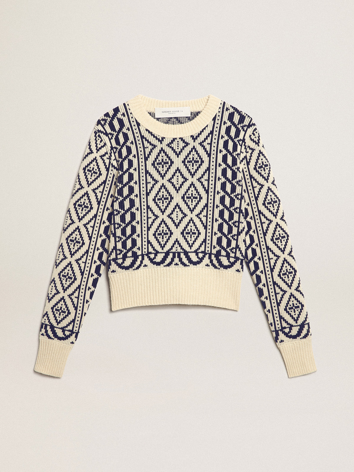 Cropped round-neck sweater with parchment and blue geometric pattern| Golden Goose