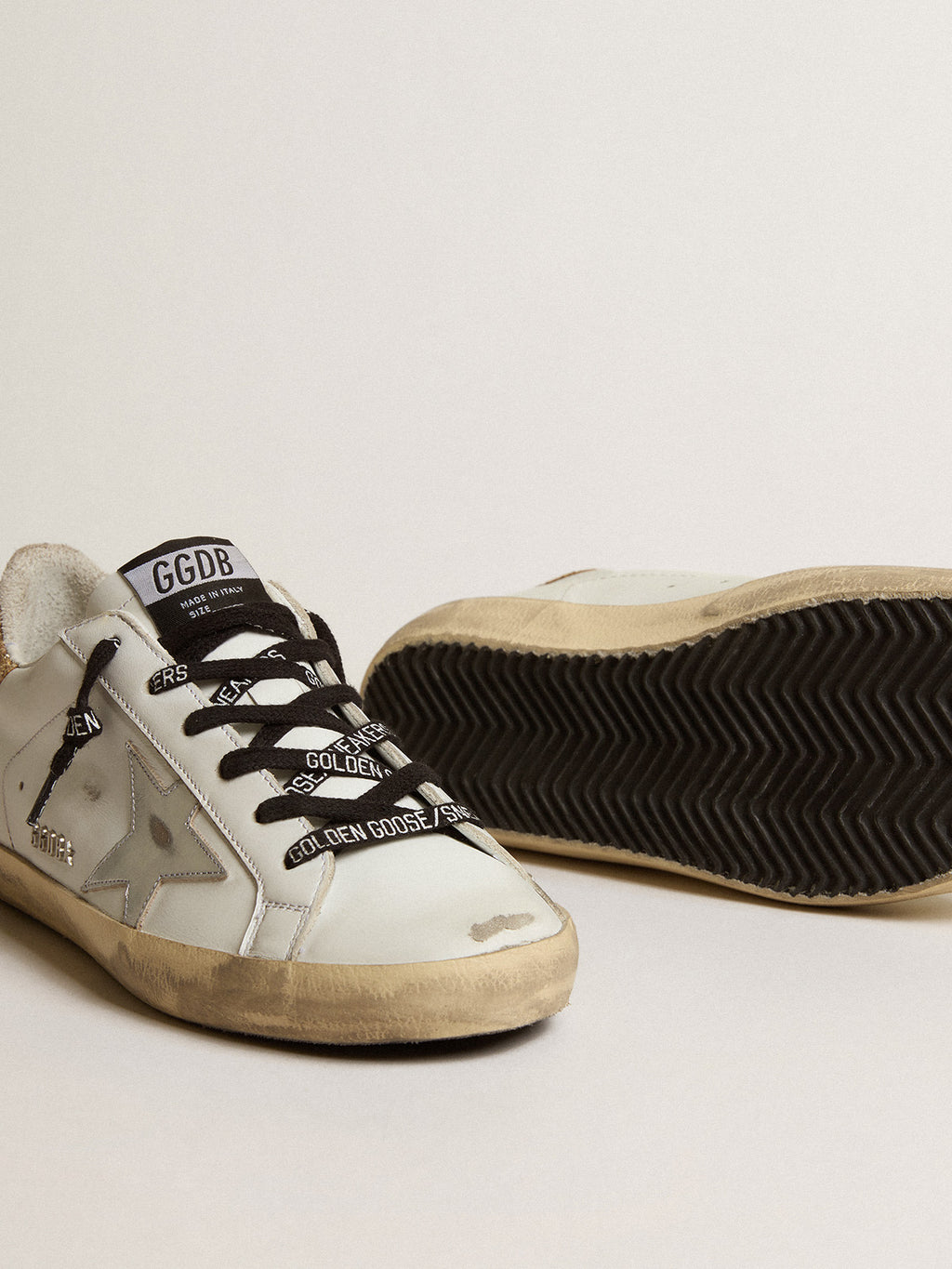 White leather Super-Star sneakers with glittery heel tab| Golden Goose