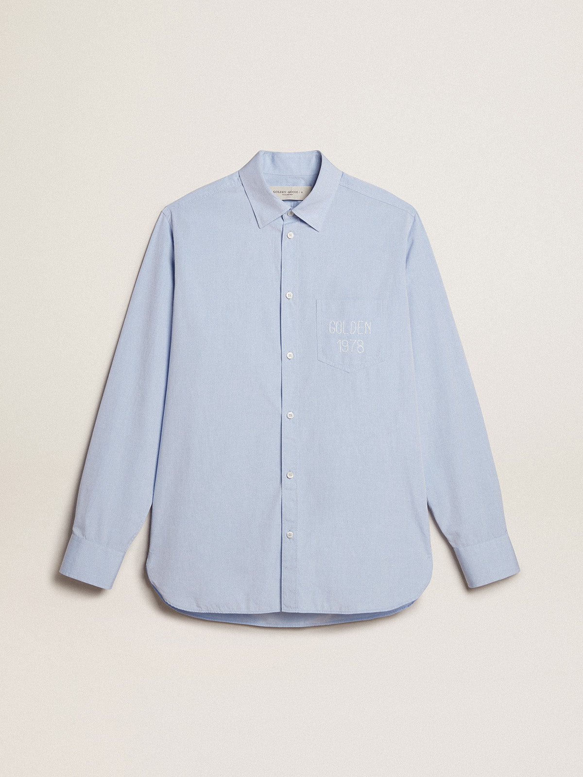 Baby-blue cotton shirt with embroidered pocket| Golden Goose