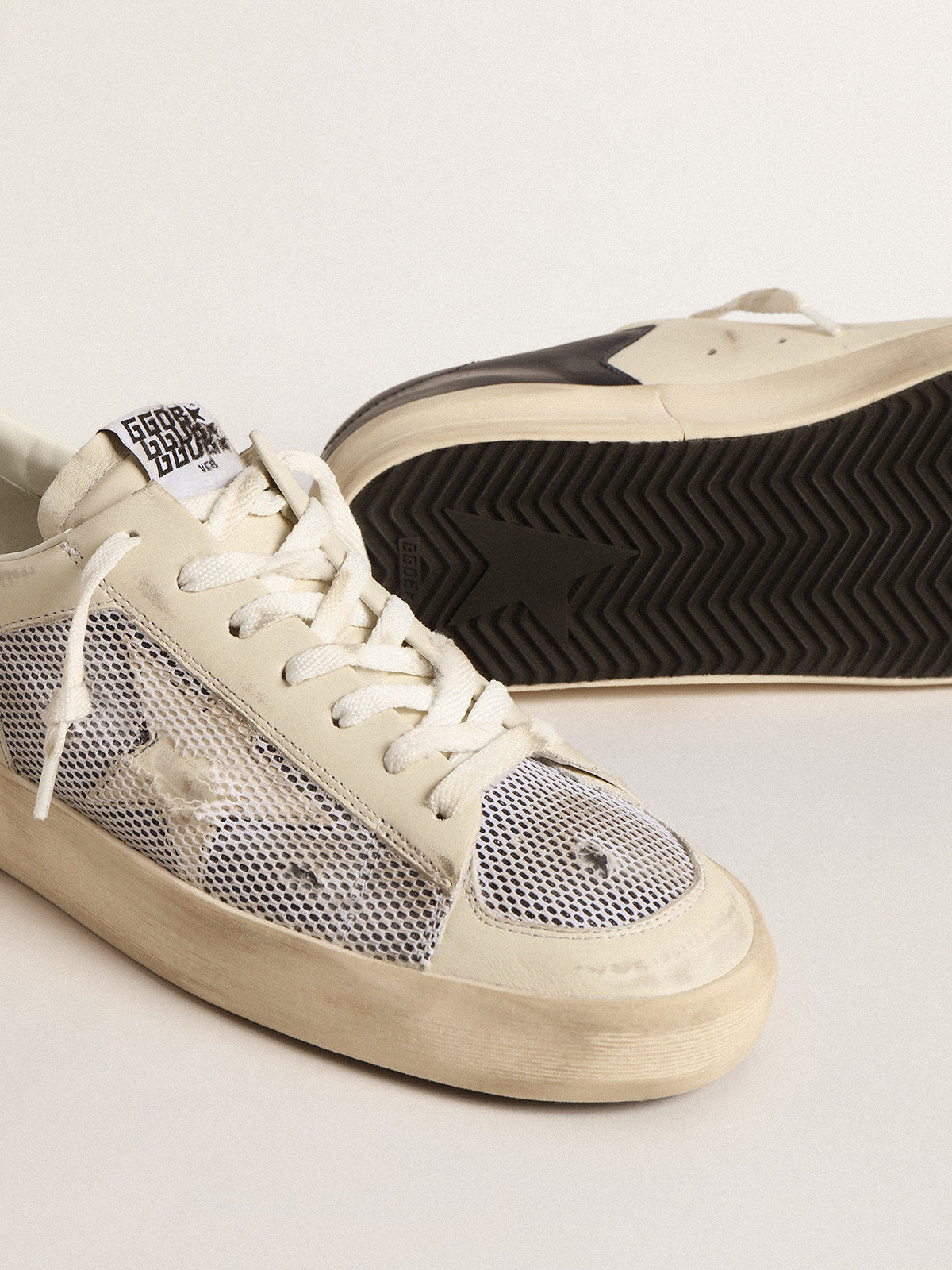 Stardan in white leather and mesh with blue metallic heel tab| Golden Goose