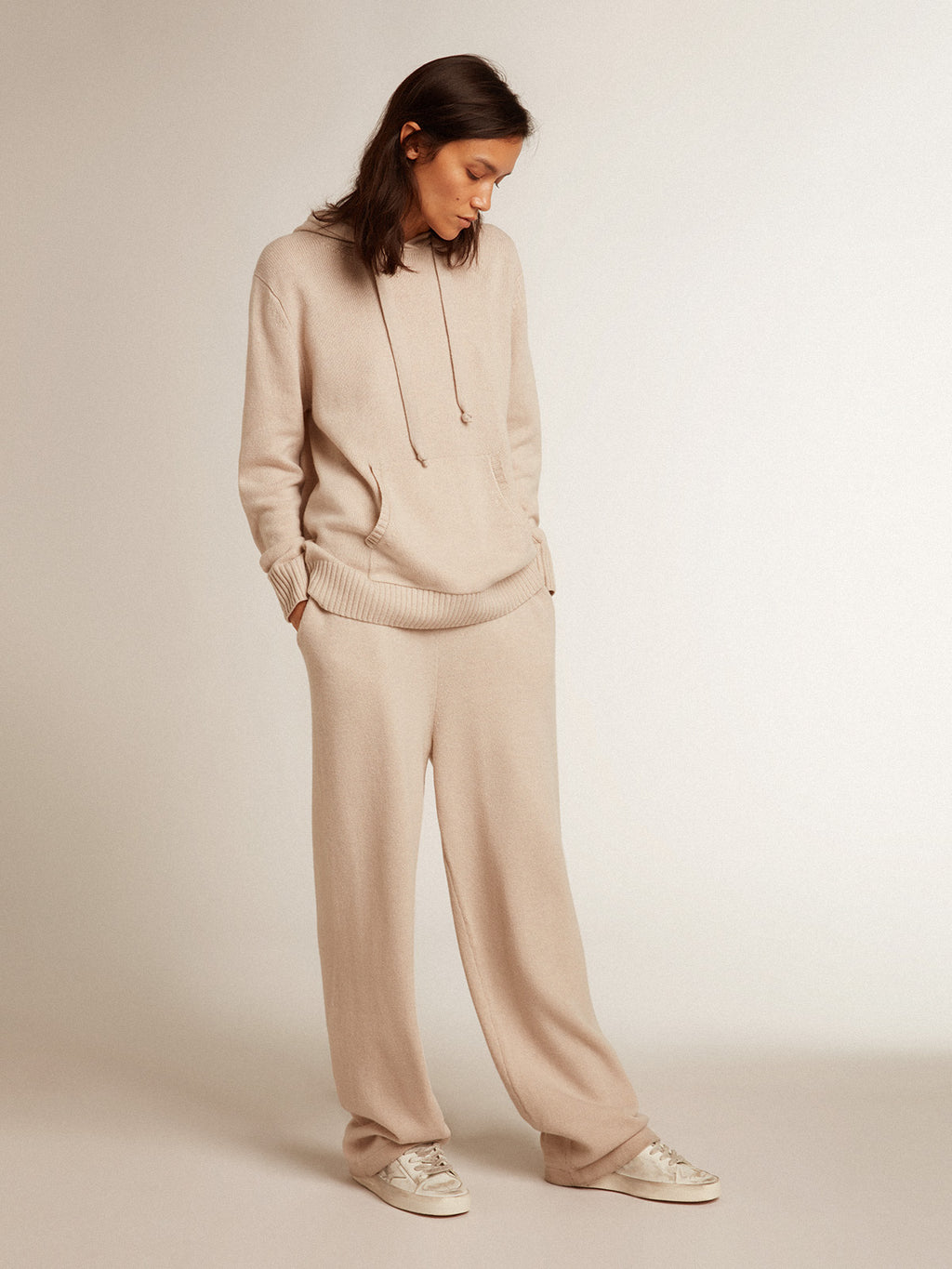 Women's white cashmere blend sweatshirt with hood| Golden Goose